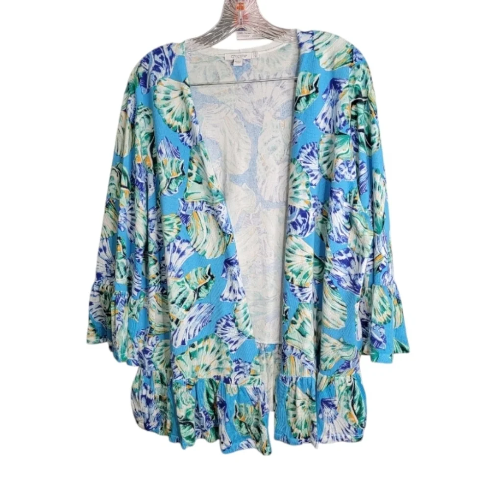Chico's open front top size 3 US XL blue shells cruise beach Ruffled cardigan *
